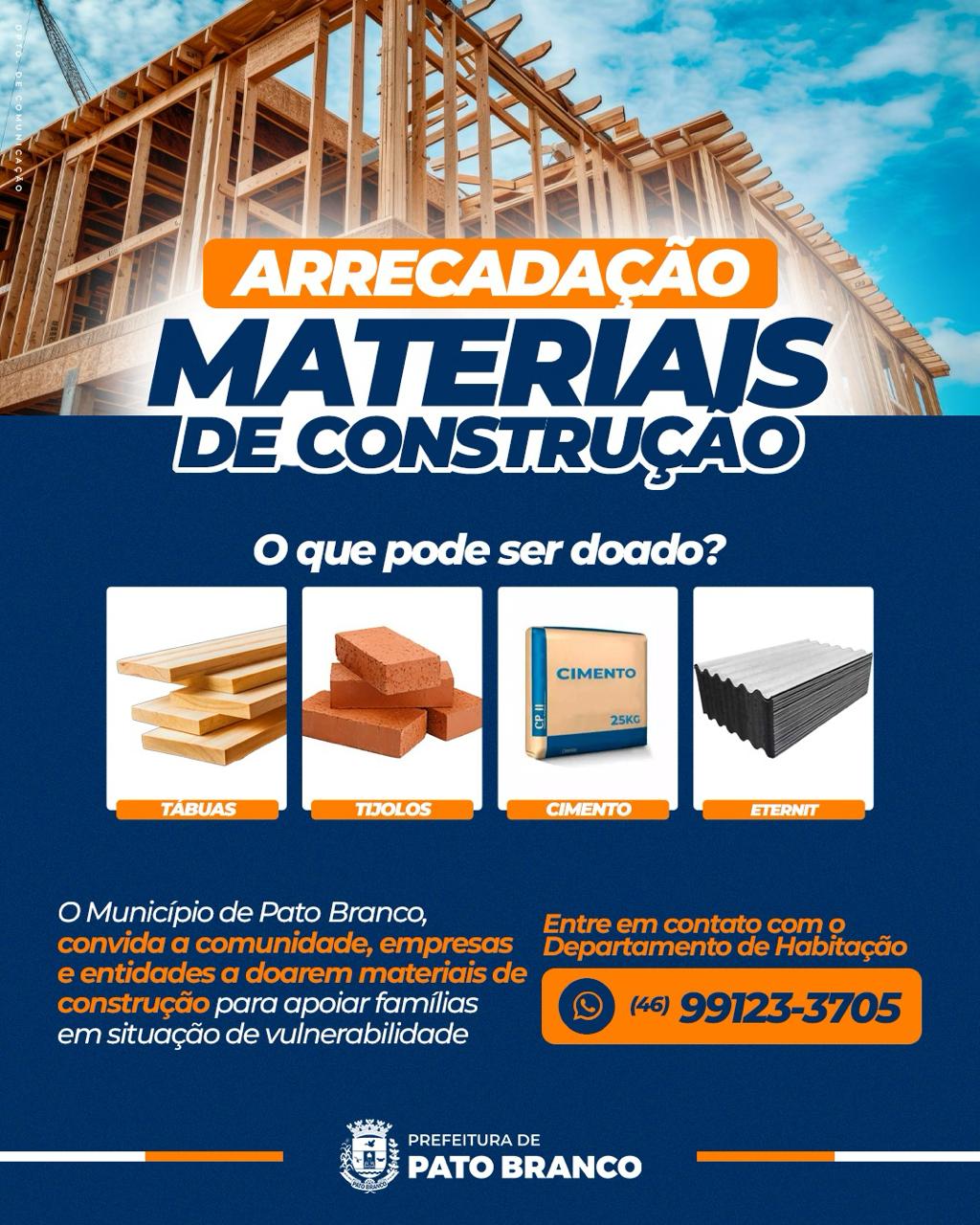 Pato Branco promove campanha para arrecadar materiais de construção, móveis e eletrodomésticos para famílias em situação de vulnerabilidade